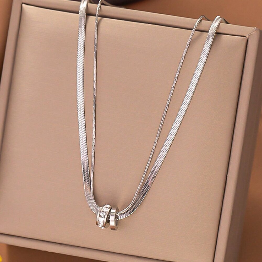 Silver Casual Women's Stainless Steel Round Cz Inlaid Double Layer Necklace - Picture 6 of 14